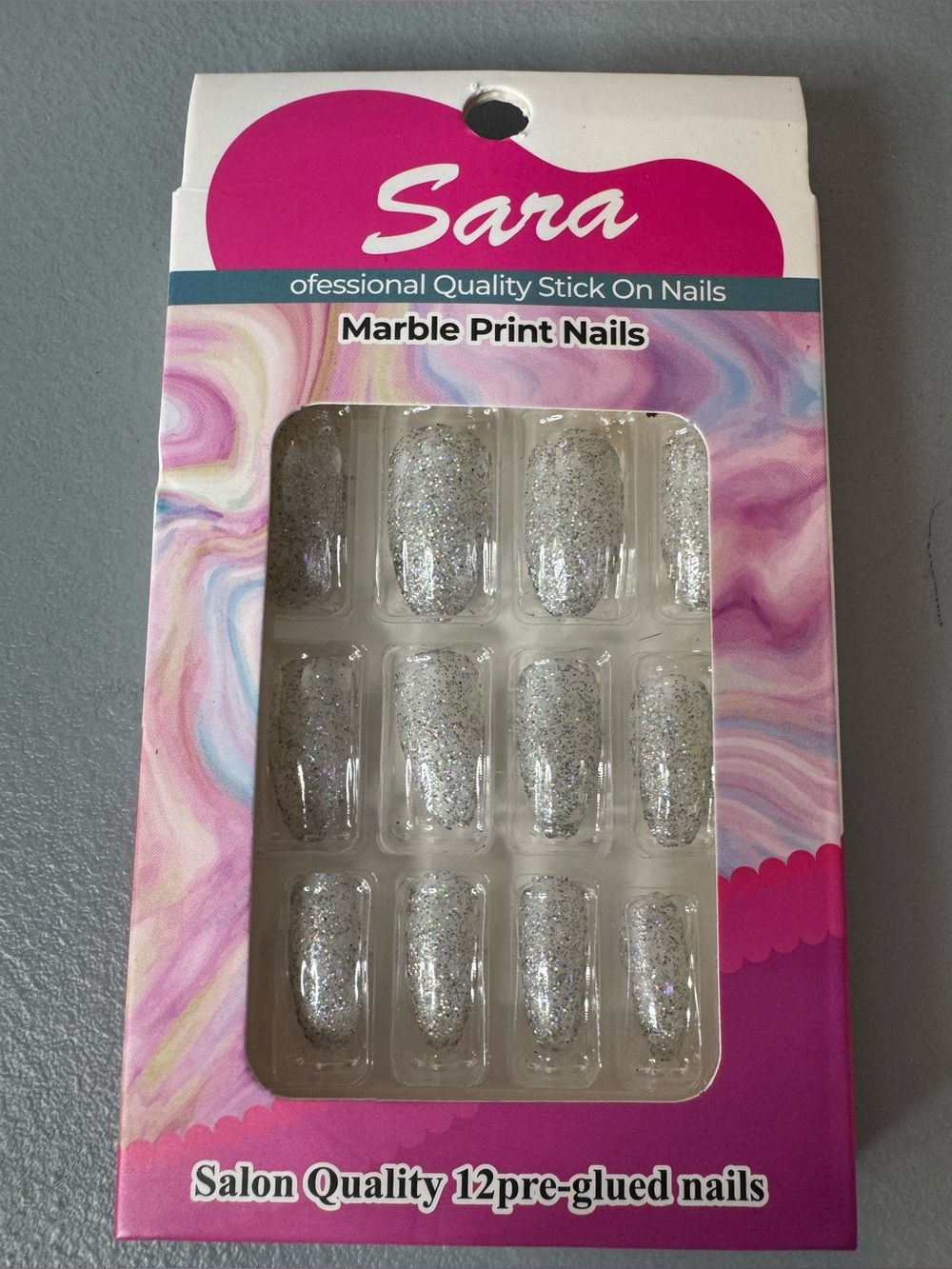Sara Silver Glitter Marble Press-On Nails 12pcs